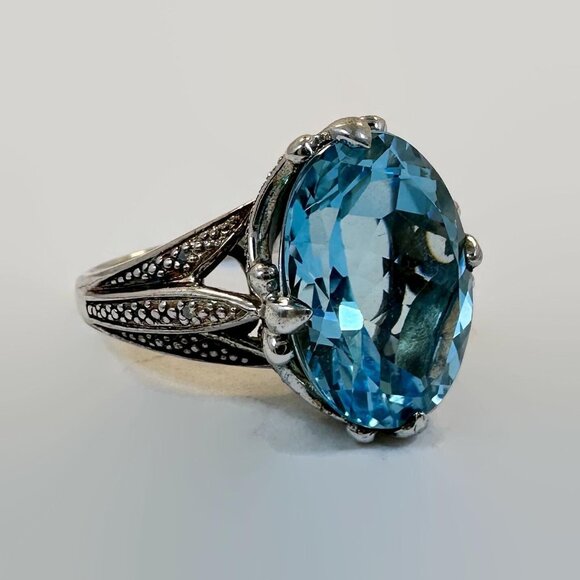 Jewelry - Blue Topaz Ring, Sterling Silver, Vintage, Big Statement, Size 5 3/4, Thailand